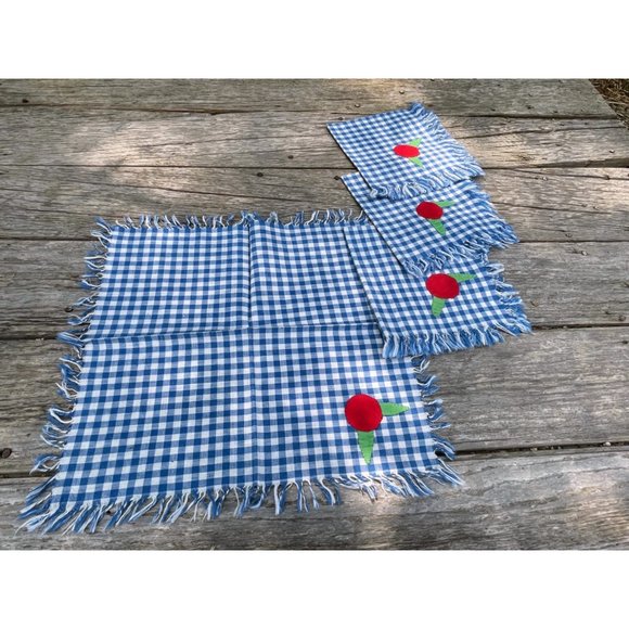 Vintage 1930s Blue Check Applique Fruit Napkins Set of 4 - Picture 9 of 10